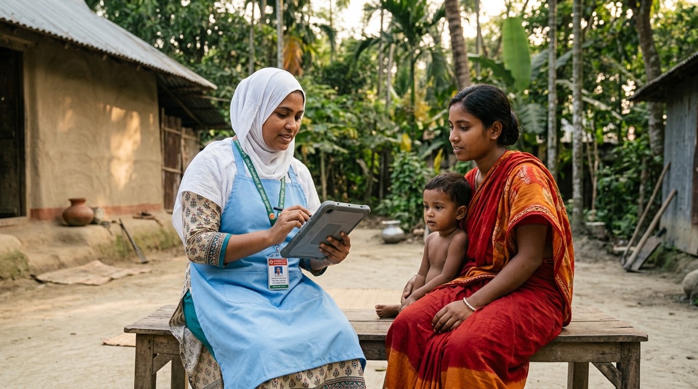 A community healthcare worker conducting a mass medical survey on a digital tablet in rural Bangladesh