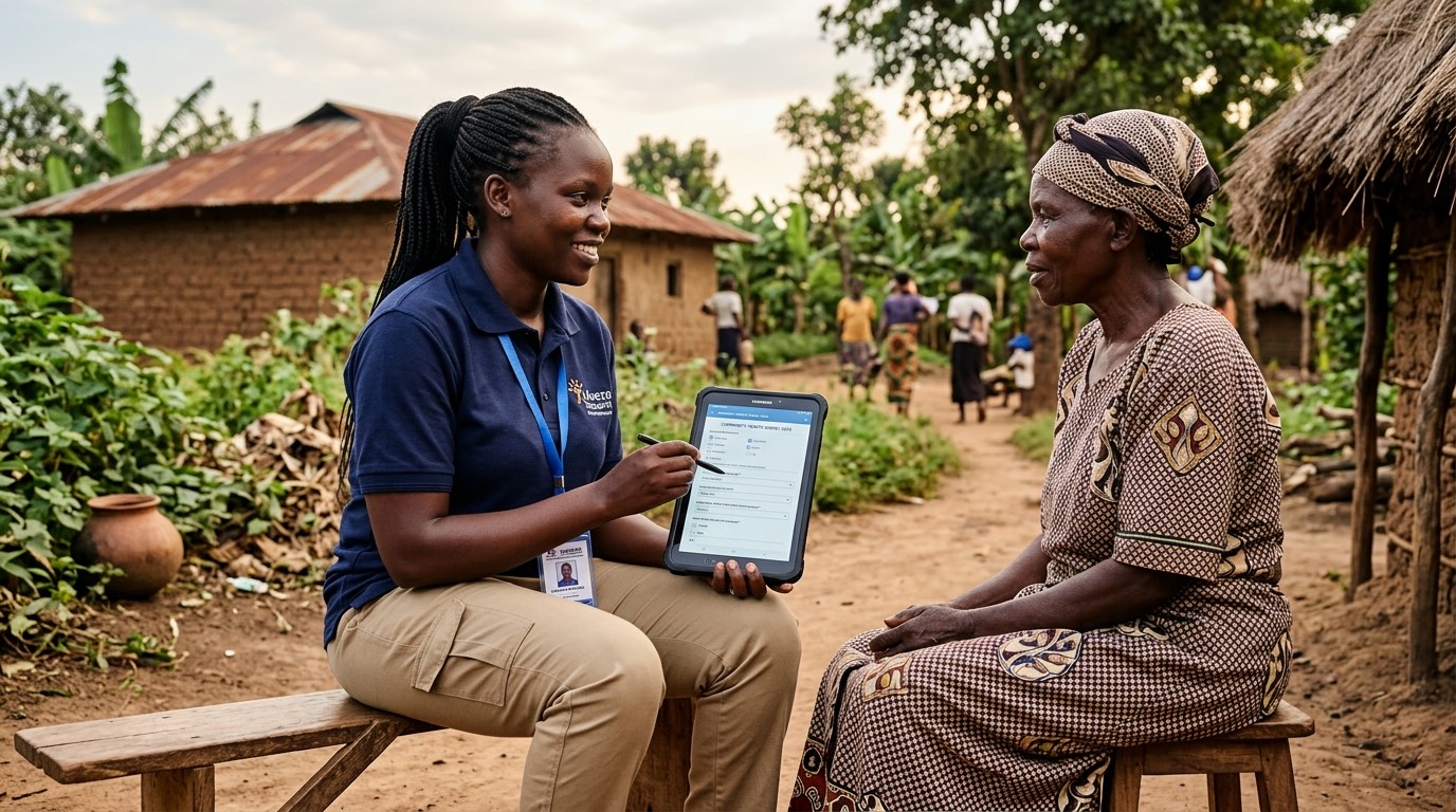 A health researcher interviewing a woman outside her home